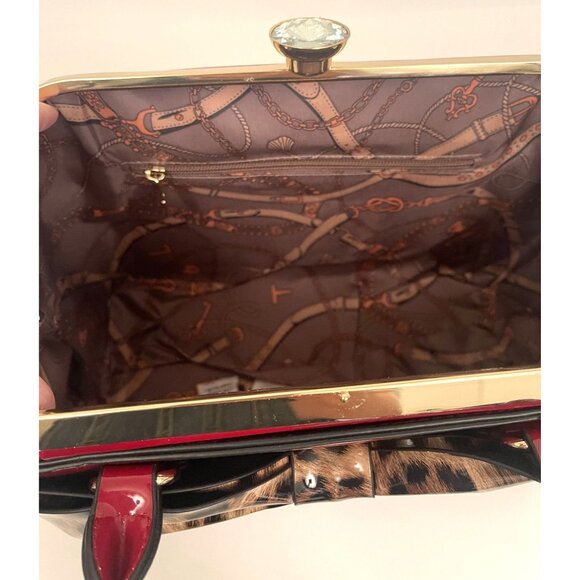 Lipstick Red Shiny Leopard Bow Chunky Diamond Closure Handbag Purse Crossbody - Picture 11 of 11